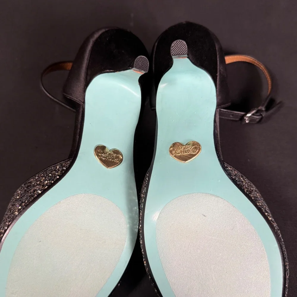 Betsey Johnson SB-RITA Black Glitter Peep Toe Kitten Heels Pumps Womens 8.5M